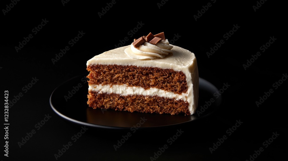 Poster close-up of a slice of cake on a black plate. the cake appears to be a carrot cake with a layer of w