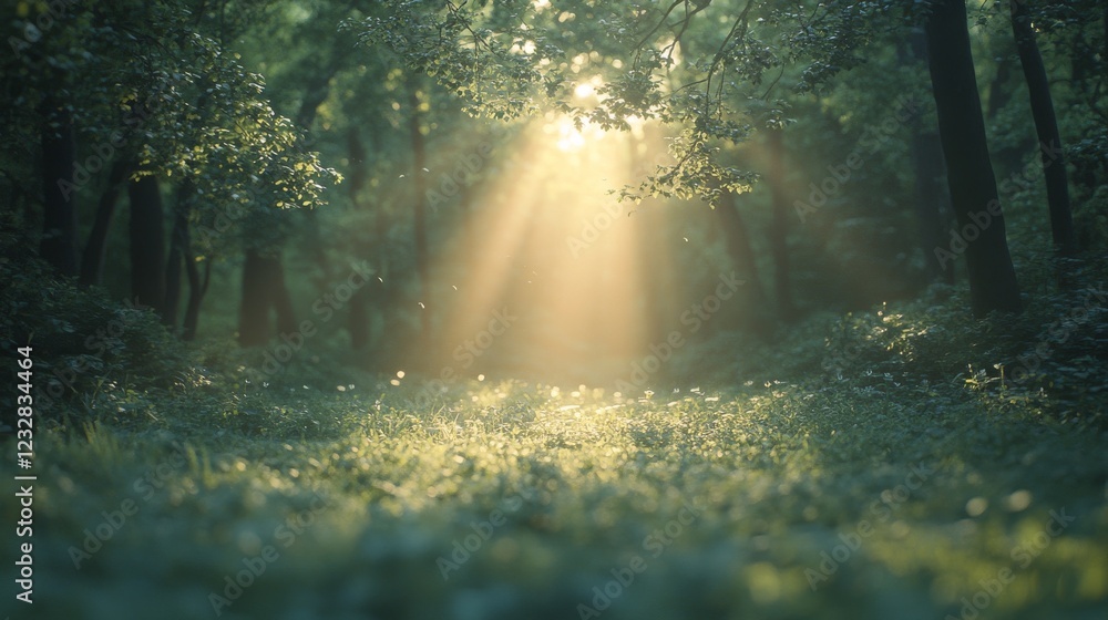 Poster sunlight filtering through dense forest canopy creates a serene atmosphere in a tranquil woodland se