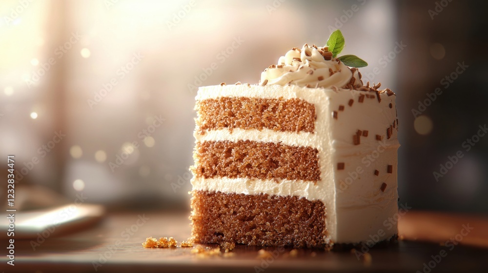Poster the image is of a slice of cake on a wooden table. the cake is rectangular in shape and has a layer 