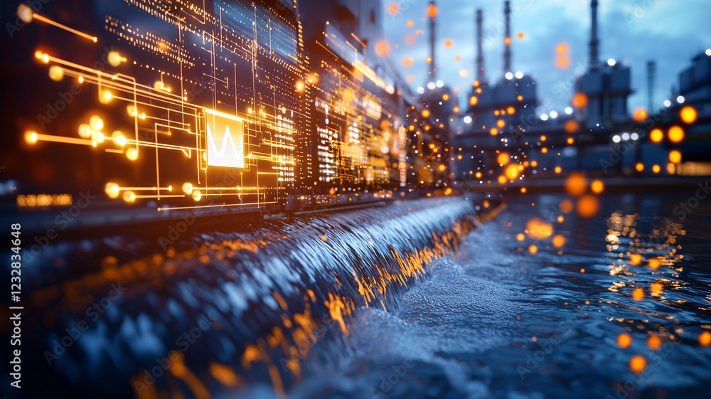 Poster dynamic technology visualization with glowing data streams and flowing water set against an industri