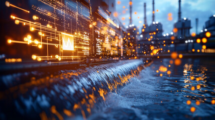 Dynamic technology visualization with glowing data streams and flowing water set against an industrial backdrop
