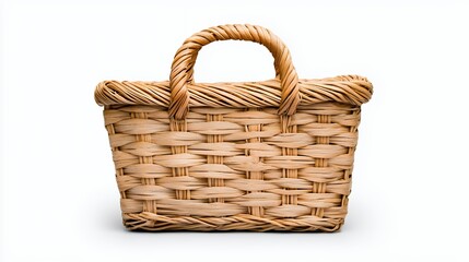 Light Beige Woven Wicker Basket with Sturdy Handle on White Background, Ideal for Rustic or Country Decor