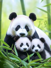 Fototapeta premium Family of Giant Pandas in Nature - A heartwarming image of a mother panda with her two adorable cubs surrounded by lush green bamboo.