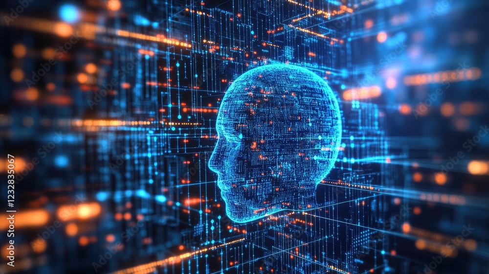 Poster digital human head emerging from data streams