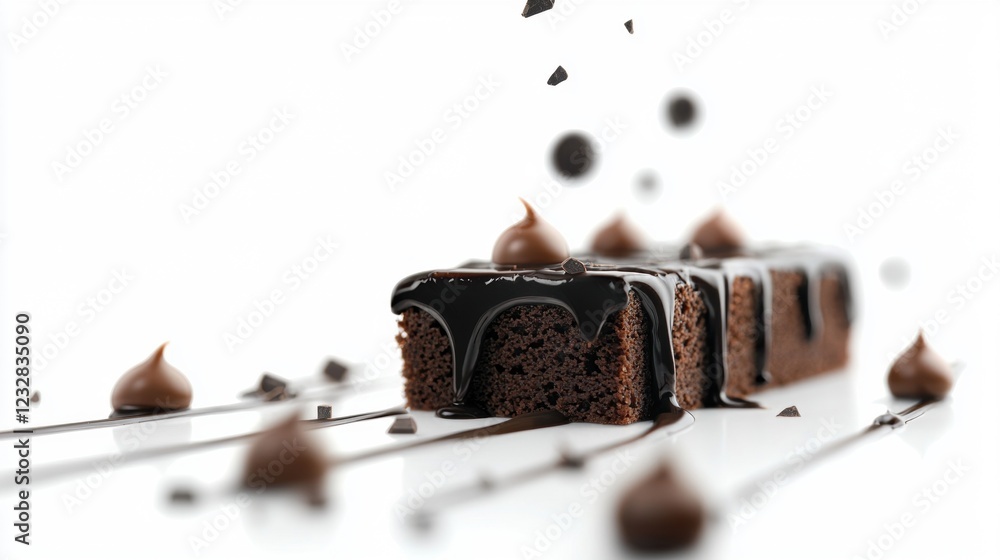 Poster close-up of a slice of chocolate cake. the cake is rectangular in shape and has a dark brown color. 