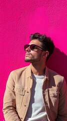 Fototapeta premium Young man enjoying a sunny day against a vibrant pink wall in an urban location