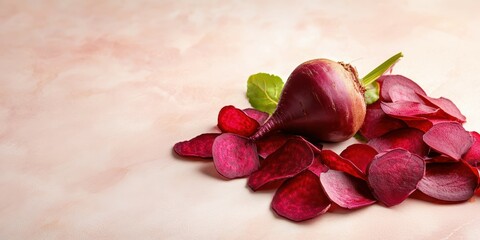 Close-up of a beetroot with crispy beet chips on a plain background. The vibrant red hues and rustic presentation highlight the natural and healthy appeal of this plant-based snack.