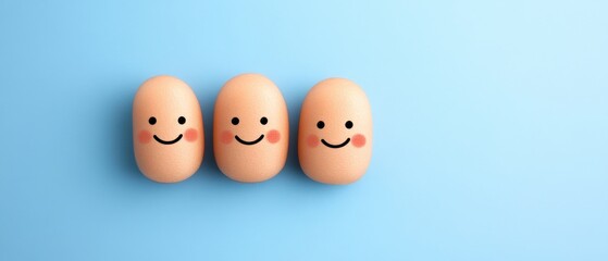 three happy eggs on a blue background
