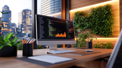Modern workspace with a desktop computer on a wooden desk, featuring indoor plants and city skyline views during the evening