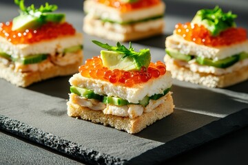 Casually arranged mini sandwiches with layered ingredients. A colorful and appetizing platter showcasing fresh and neatly crafted finger foods, perfect for gatherings or snacking.