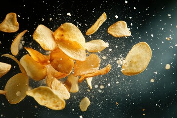 A chaotic flurry of potato chips floating above captured in a dynamic overhead shot. The golden, crispy chips create a mouthwatering scene of indulgent snack appeal.