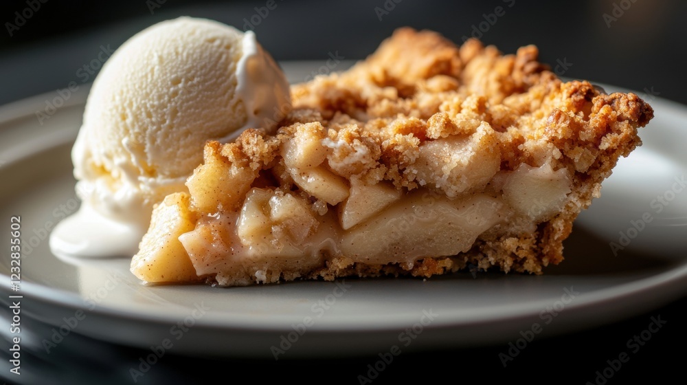 Poster slice of apple pie on a white plate with a scoop of vanilla ice cream on the side. the pie has a gol