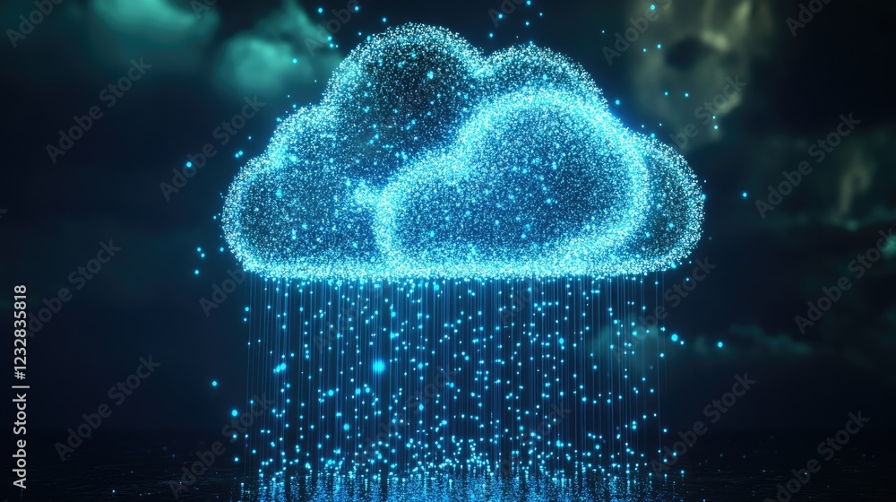 Poster glowing cloud data streaming downwards