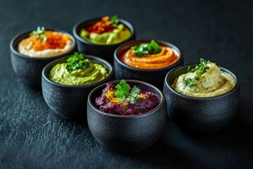 A vibrant arrangement of spreads and dips in decorative bowls on a platter. The gourmet selection features creamy textures and vivid colors, garnished with fresh herbs for an appetizing touch.