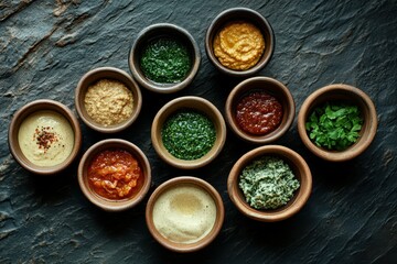An elegant assortment of spreads and dips on a beautifully styled platter. Vibrant colors and varied textures highlight gourmet appeal and culinary artistry in food presentation.