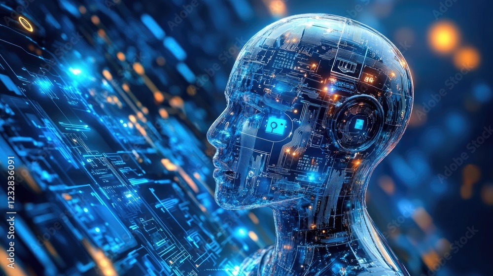 Poster Transparent Robotic Head Examining Digital Circuitry Data