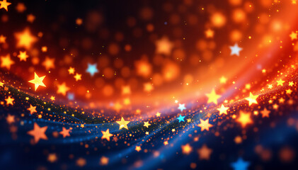 Obraz premium A vibrant background featuring a blend of orange and blue hues with scattered stars in various sizes. The stars include both yellow and blue colors, creating a whimsical, sparkling effect against a s