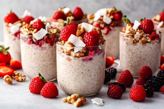 Overnight Oats with Berries and Walnuts: A visually appealing array of overnight oats, layered with fresh berries, crunchy walnuts, and shredded coconut.