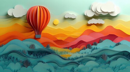 Colorful Paper Cut Design with Hot Air Balloon and Mountain Landscape