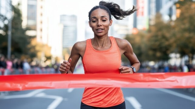 An athletic woman crosses an urban race finish line, capturing the thrill of competition and her victorious spirit amid a cheering city backdrop.