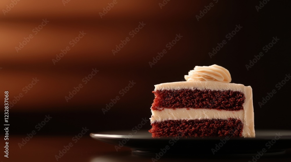 Poster close-up of a slice of red velvet cake on a black plate. the cake is rectangular in shape and has a 