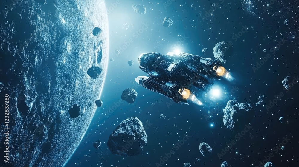 Poster spaceship navigating asteroid field near planet