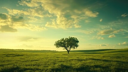 Solitary Tree in a Verdant Rolling Field Under a Cloudy Sky