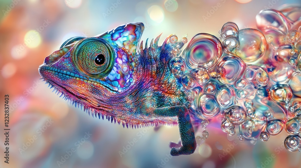 Poster a vibrant chameleon transforming into iridescent bubbles