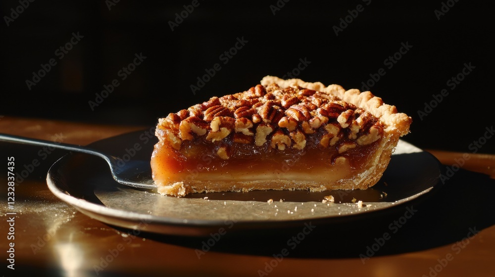 Poster slice of pecan pie on a black plate with a fork. the pie has a golden brown crust and is topped with