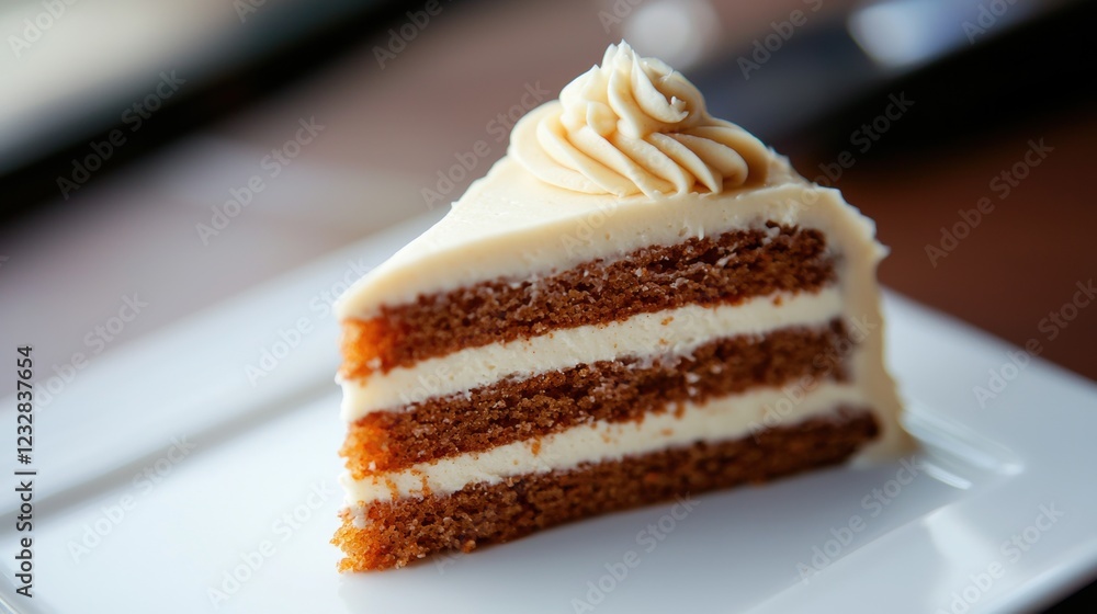 Poster slice of cake on a white square plate. the cake appears to be a carrot cake with layers of white fro