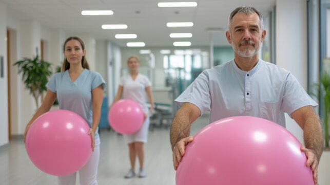 A male physiotherapist guides a group exercise session in a bright clinic, using fitness balls to promote health and rehabilitation.