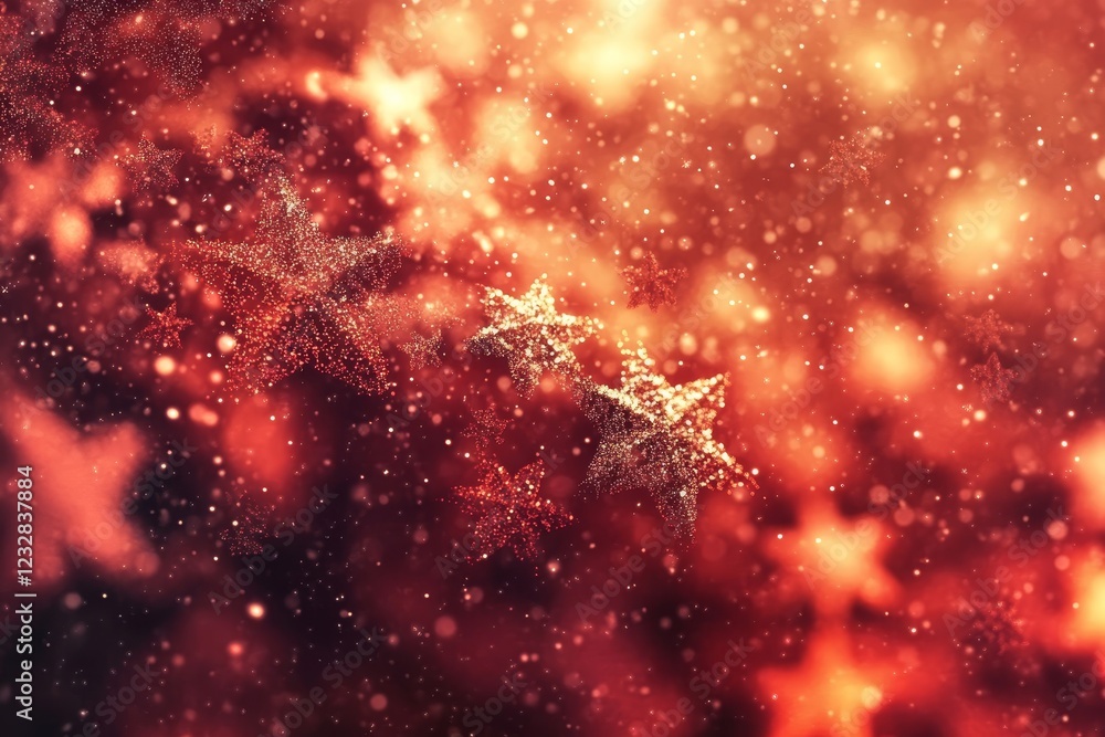 Poster sparkling stars in glimmering background with warm hues and bokeh