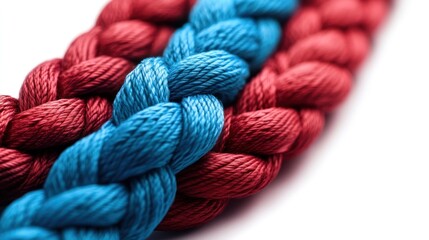 Close-up photo of intertwined blue and red ropes creating a textured pattern.