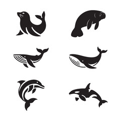 Marine Mammal Silhouette Icons vector art illustration