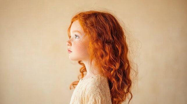 Young girl with vibrant red curly hair gazes thoughtfully