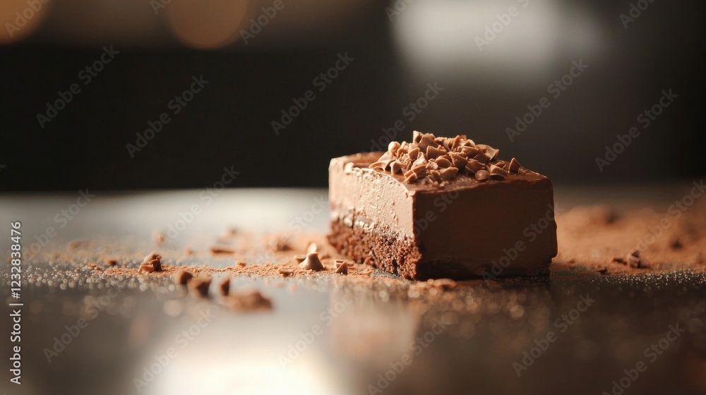 Poster close-up of a piece of chocolate cake on a black surface. the cake appears to be a square-shaped des