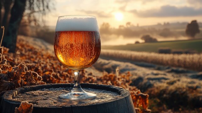 Chilled lager beer on a rustic barrel with a misty farm field backdrop at sunset