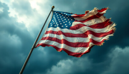 American flag waving against a backdrop of dark, cloudy skies. The flag features red and white stripes with a blue field containing white stars. The fabric appears to be gently rippling in the wind 