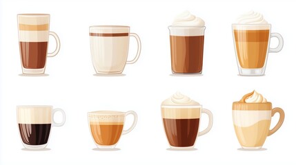 White background with different types of coffee drinks. Espresso, cappuccino, latte, brewed coffee cups. Various sizes, shapes of cups with cream, froth, milk. Aromatic coffee drinks on white