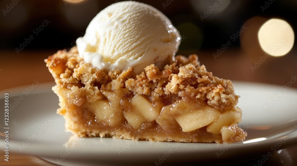 Poster slice of apple pie on a white plate with a scoop of vanilla ice cream on top. the pie has a golden b