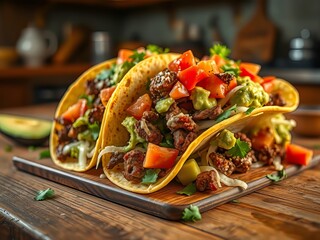 Delicious Beef Tacos with Guacamole - Home Kitchen Top View - Vibrant Food Photography