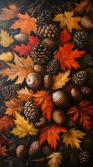 Obraz premium Vibrant autumn leaves and pinecones arranged on a dark background in an artistic display of nature