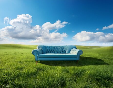 Un canap&eacute; bleu pos&eacute; dans une prairie d'herbe verte luxuriante, sous un ciel bleu avec des nuages ​​blancs moelleux en arri&egrave;re-plan en ia