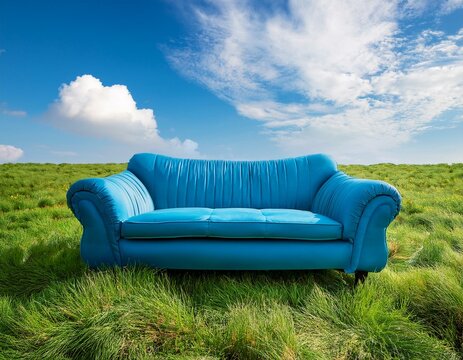 Un canap&eacute; bleu pos&eacute; dans une prairie d'herbe verte luxuriante, sous un ciel bleu avec des nuages ​​blancs moelleux en arri&egrave;re-plan en ia