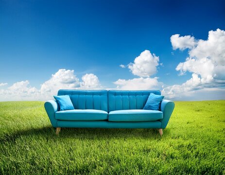 Un canap&eacute; bleu pos&eacute; dans une prairie d'herbe verte luxuriante, sous un ciel bleu avec des nuages ​​blancs moelleux en arri&egrave;re-plan en ia