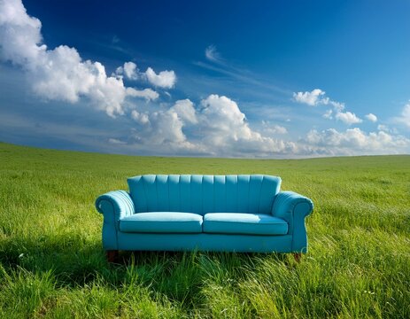 Un canap&eacute; bleu pos&eacute; dans une prairie d'herbe verte luxuriante, sous un ciel bleu avec des nuages ​​blancs moelleux en arri&egrave;re-plan en ia
