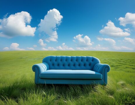 Un canap&eacute; bleu pos&eacute; dans une prairie d'herbe verte luxuriante, sous un ciel bleu avec des nuages ​​blancs moelleux en arri&egrave;re-plan en ia