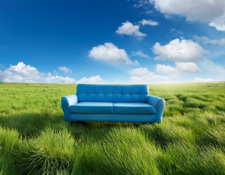 Un canap&eacute; bleu pos&eacute; dans une prairie d'herbe verte luxuriante, sous un ciel bleu avec des nuages ​​blancs moelleux en arri&egrave;re-plan en ia