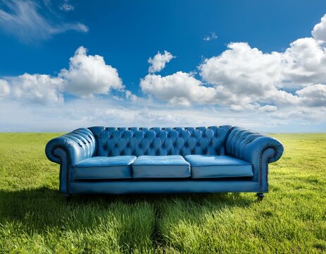 Un canap&eacute; bleu pos&eacute; dans une prairie d'herbe verte luxuriante, sous un ciel bleu avec des nuages ​​blancs moelleux en arri&egrave;re-plan en ia