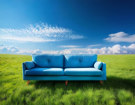 Un canap&eacute; bleu pos&eacute; dans une prairie d'herbe verte luxuriante, sous un ciel bleu avec des nuages ​​blancs moelleux en arri&egrave;re-plan en ia